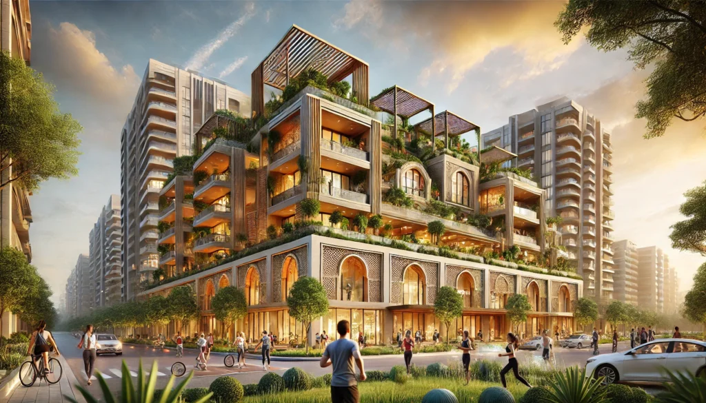 DALL·E 2024-12-13 08.43.30 - An elegant and modern urban apartment complex designed with health and well-being in mind, located in a bustling city in Pakistan. The architecture co